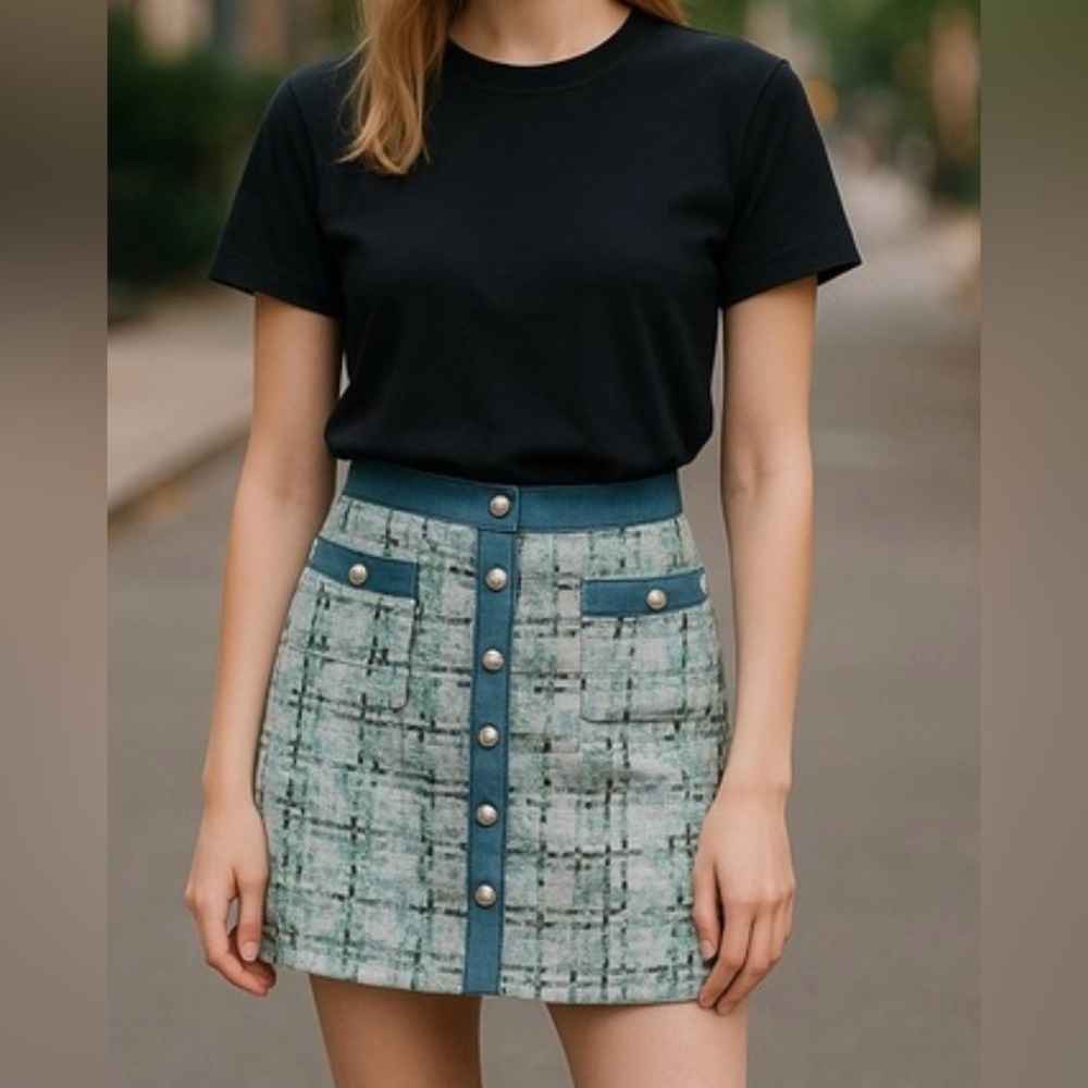 NANETTE LEPORE Blue/ Green Pearl Button Tweed Mini Skirt